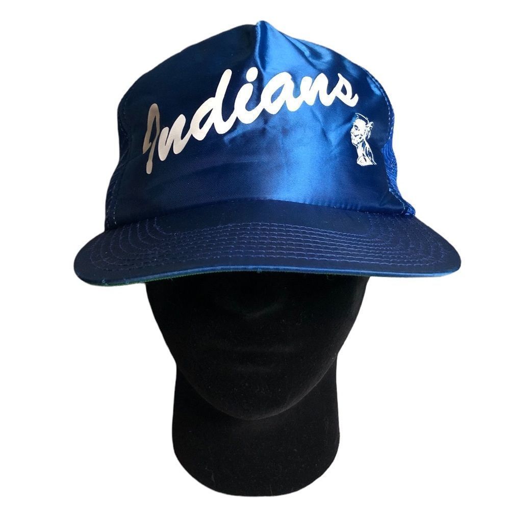INDIANS Vintage Rare Hat USA Made Blue Distressed Snapback Baseball Cap.